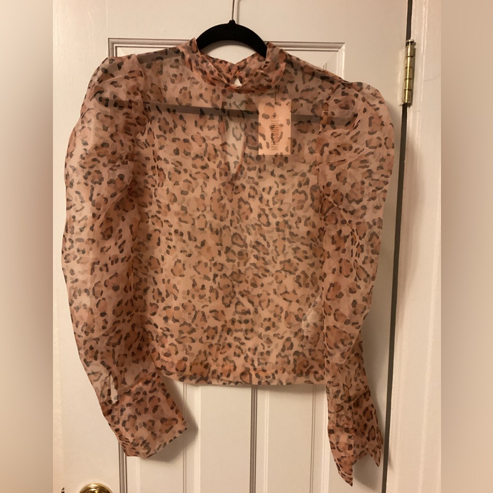 NWT Missguided Organza Mock Neck Leopard Print Sheer Blouse - Brown and Black